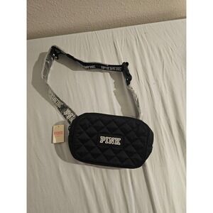 PINK Victoria's Secret Black Quilted Belt Bag Fanny Pack Logo Strap NEW